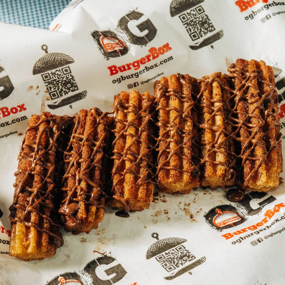 Golden breaded fried sticks drizzled with chocolate sauce on BurgerBox branded paper.