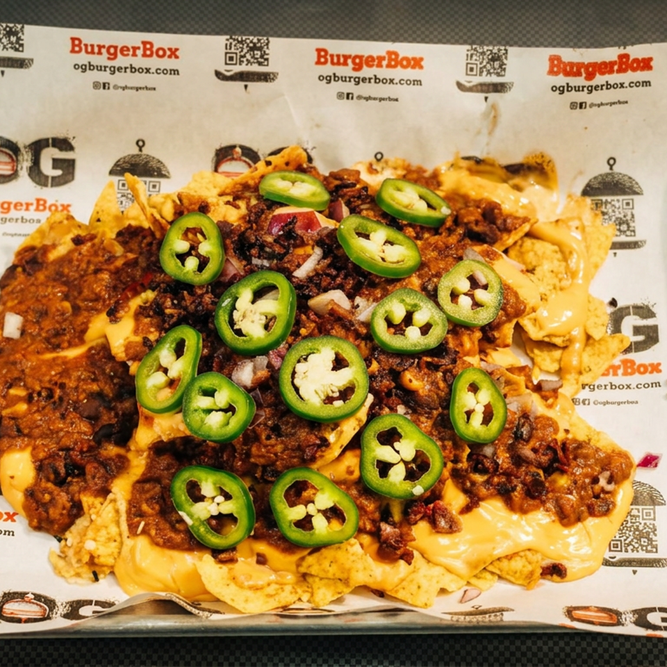 Loaded nachos topped with melted cheese, chili, beans, onions, and sliced jalapeños on a BurgerBox-lined metal tray.