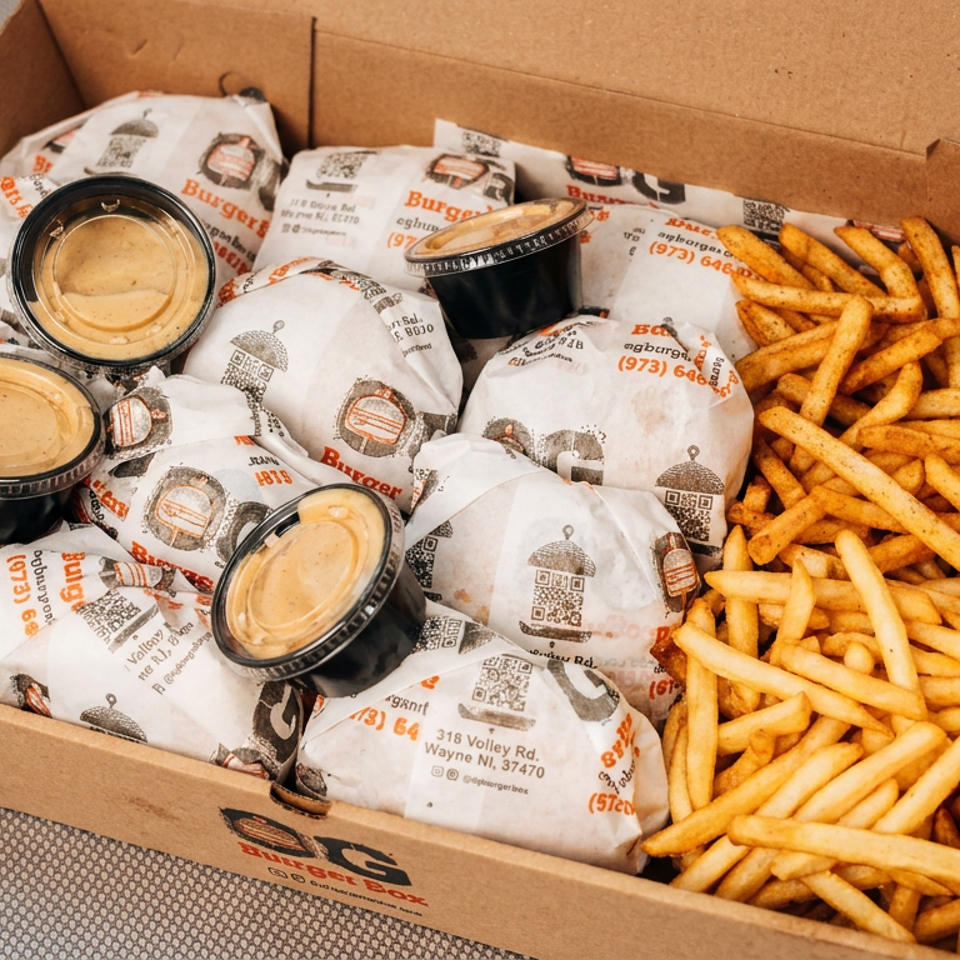 Open BurgerBox takeout box filled with wrapped burgers, golden fries, and cups of dipping sauce.