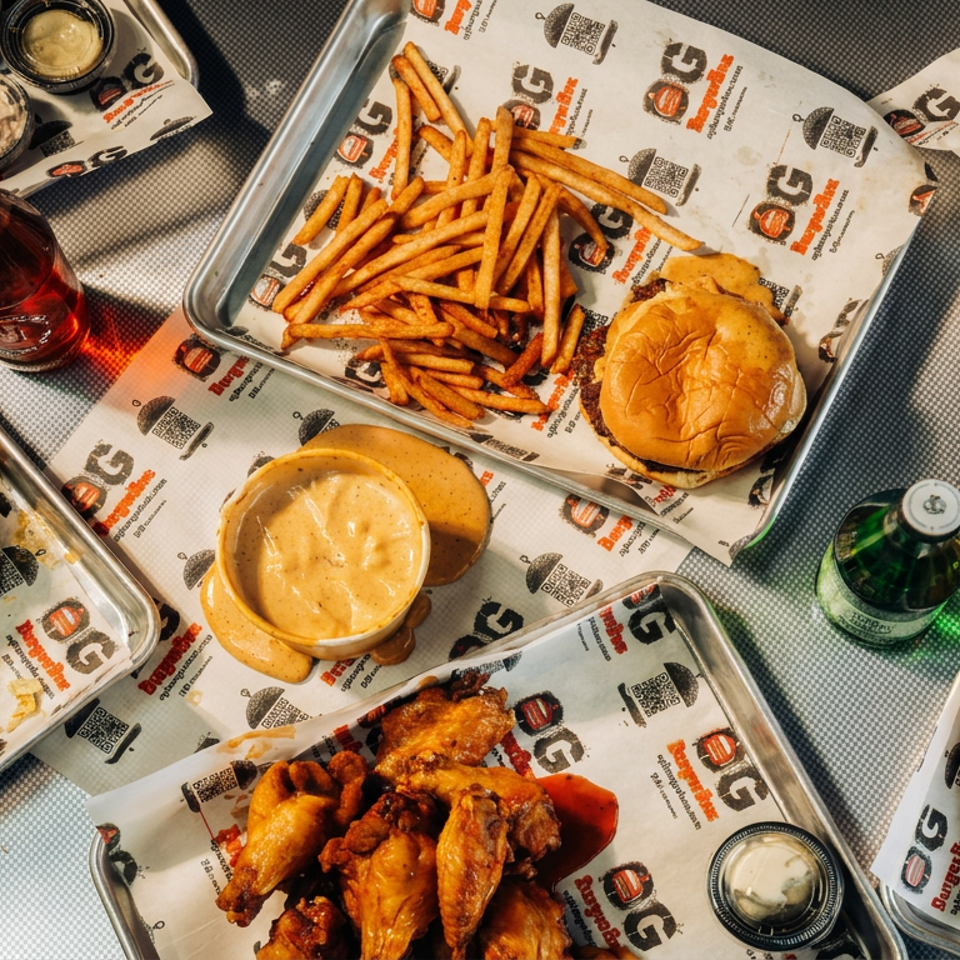 Overhead spread of burgers, fries, chicken wings, tenders, loaded cheese fries, dipping sauces, and bottled sodas on branded trays.