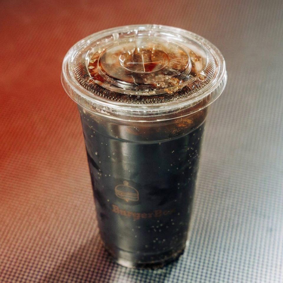 Clear plastic cup filled with dark iced coffee on a red and gray textured surface.